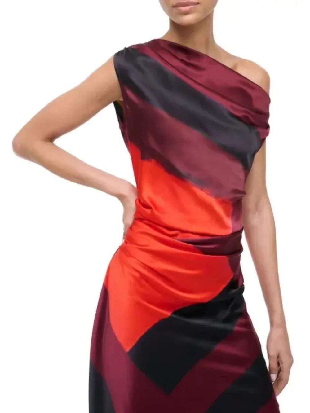 STAUD Phare One-Shoulder Silk Midi Dress Ruby Prism Size 6